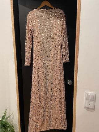 Vestido longo lantejoulas cruzado dourado/rosa