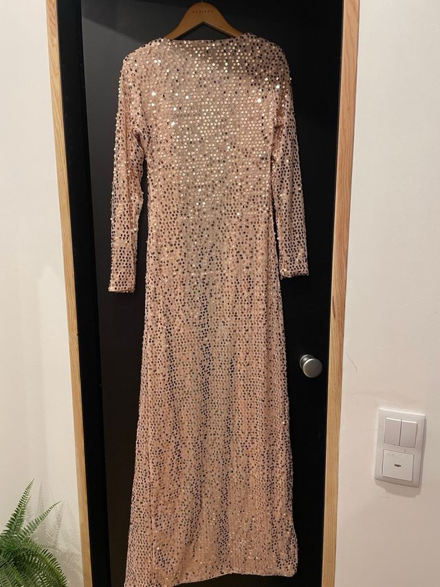 Vestido longo lantejoulas cruzado dourado/rosa