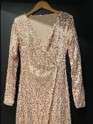 Vestido longo lantejoulas cruzado dourado/rosa