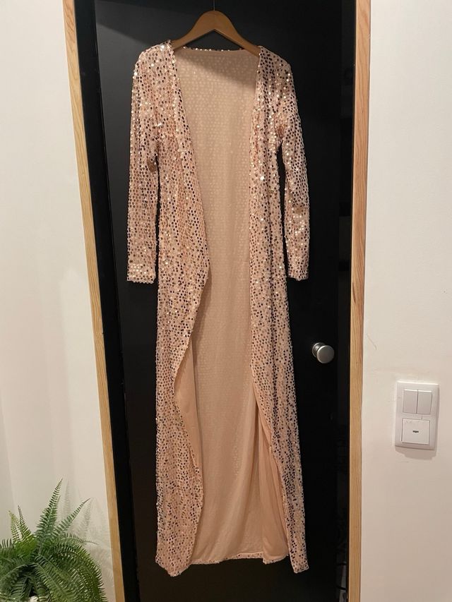 Vestido longo lantejoulas cruzado dourado/rosa