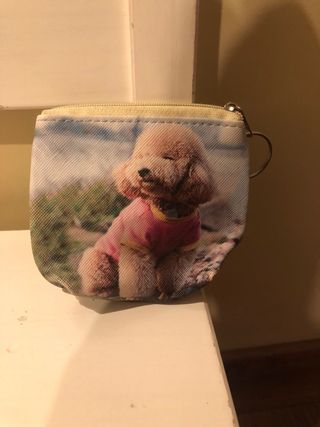 Monedero perro peluche rosa y beige