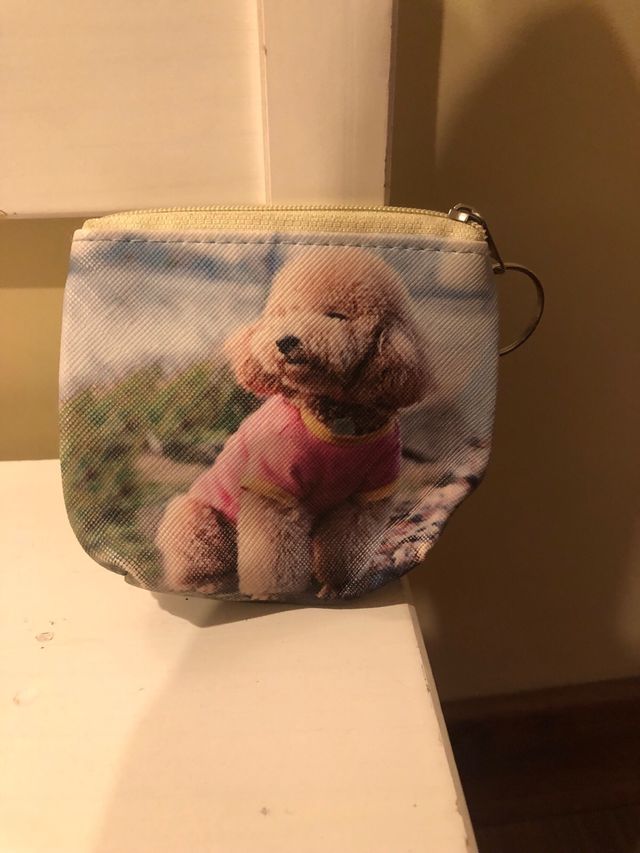 Monedero perro peluche rosa y beige