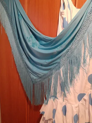 Traje Flamenca Blanco Lunares Azules T.38