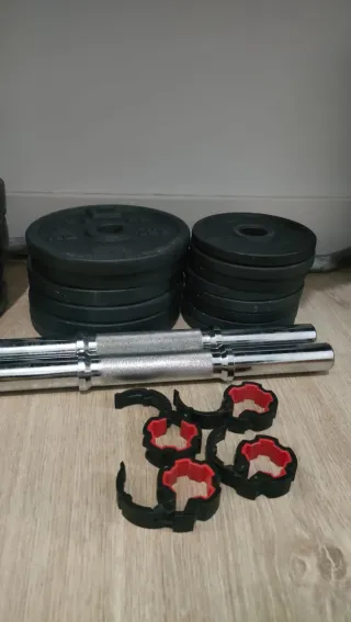Banco de pesas, mancuernas y discos