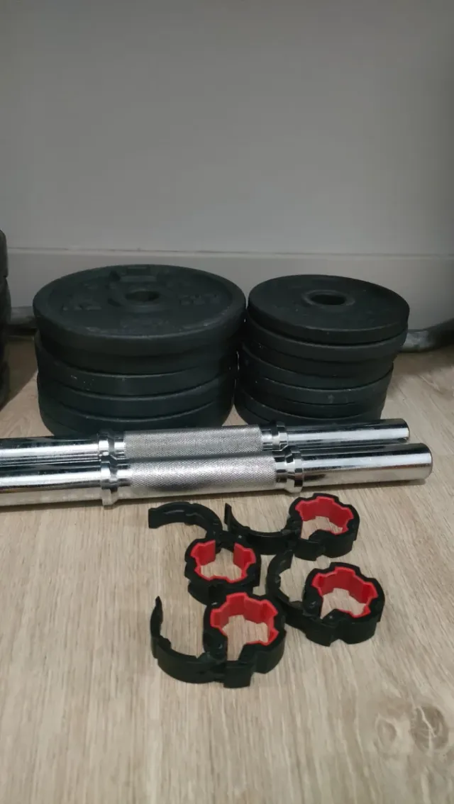 Banco de pesas, mancuernas y discos