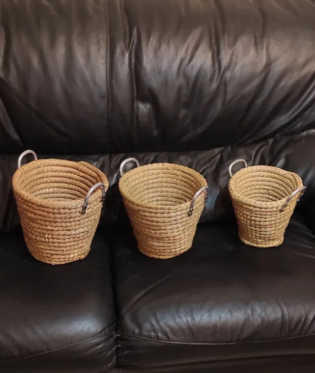 3 Cestas Mimbre con Asas Metálicas
