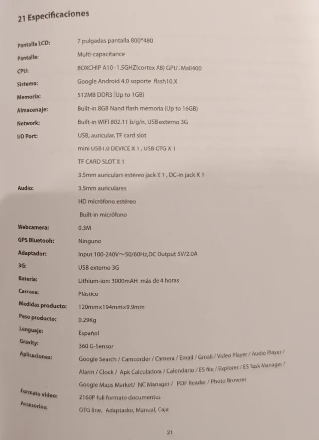 Tablet 7 pulgadas sin marca.