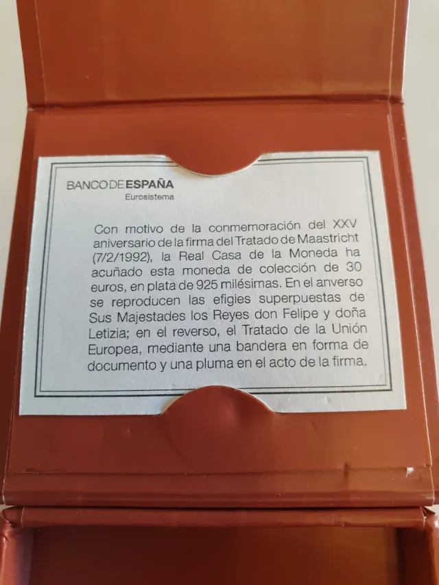 Moneda Plata 30€ Tratado Maastricht Banco España