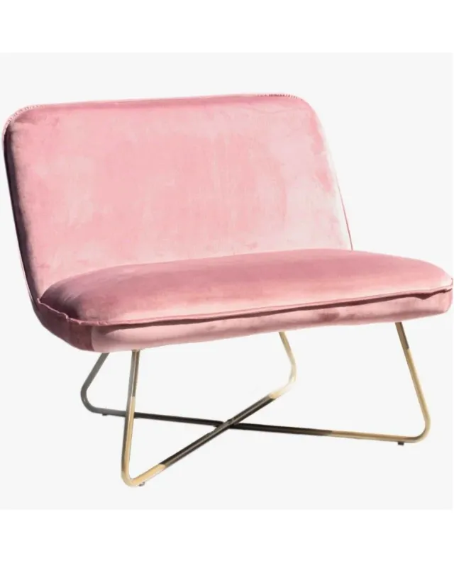 Sillón rosa de terciopelo con patas doradas. Nuevo
