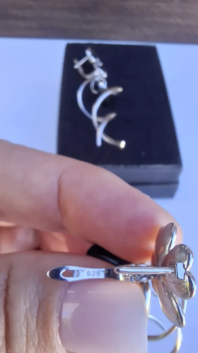 Pendientes largos plata 925 flor negra