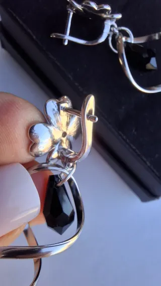 Pendientes largos plata 925 flor negra