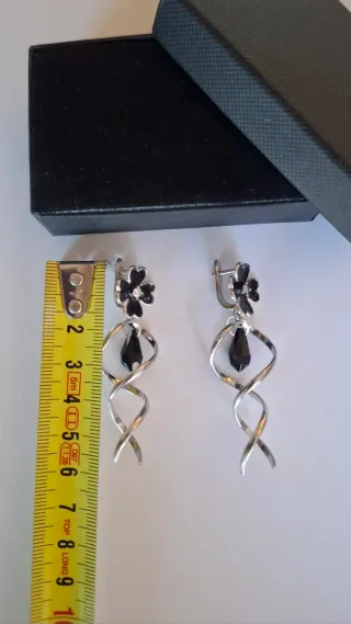 Pendientes largos plata 925 flor negra