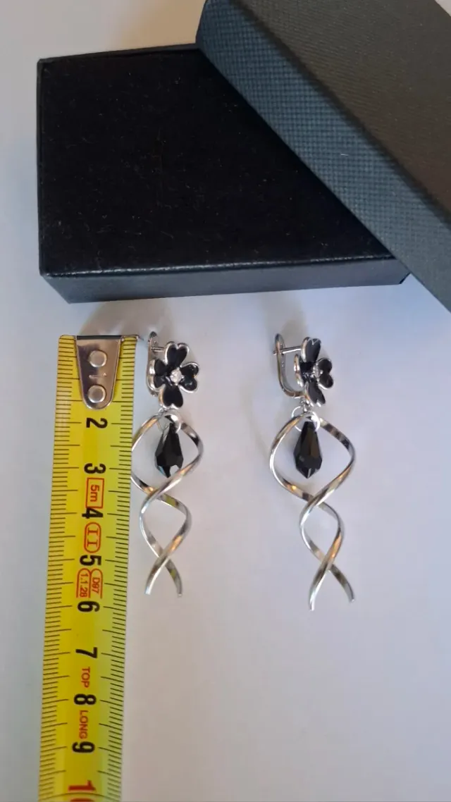 Pendientes largos plata 925 flor negra
