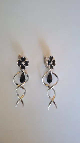 Pendientes largos plata 925 flor negra