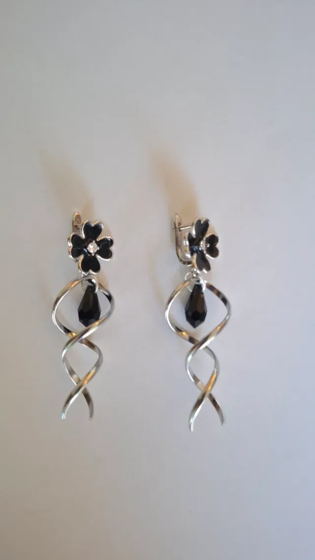 Pendientes largos plata 925 flor negra