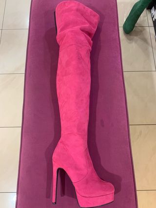 Stivali coscia tacco alto plateau rosa