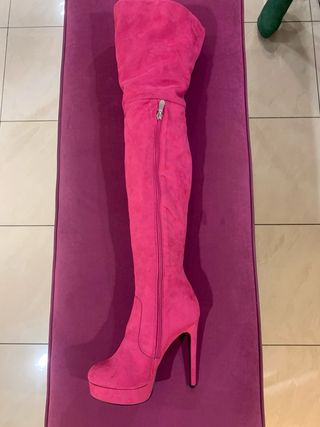 Stivali coscia tacco alto plateau rosa