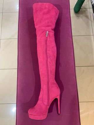 Stivali coscia tacco alto plateau rosa
