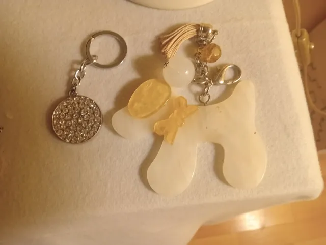 Dos Llaveros perro y disco brillante.