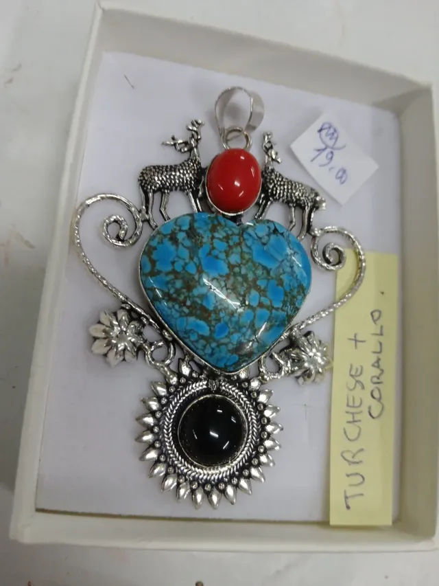Pendente Argento 925 Indiano Turchese r corallo