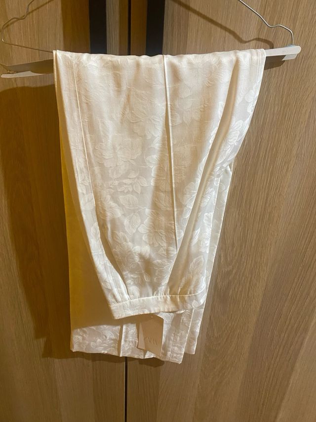 Pantalón Zara Blanco Pinzas Jacquard Talla M