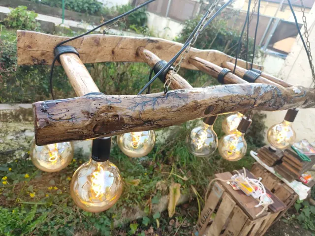 Lámpara Rústica Madera y Cristal con Fractales