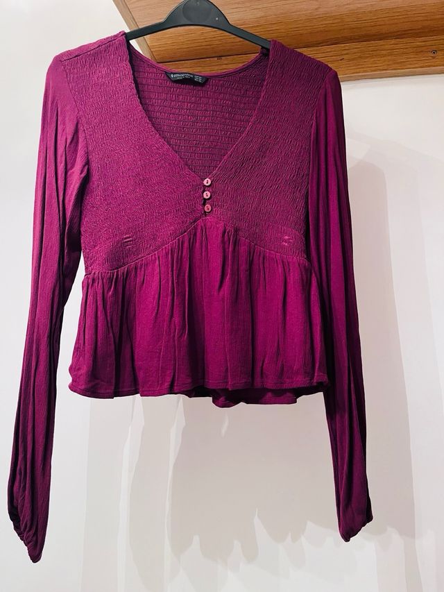 Camisa Stradivarius granate manga larga