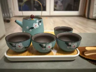 Set Teiera Asiatica Ceramica Blu Fiori Ciliegio