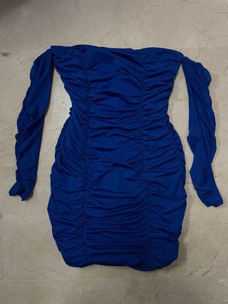 Vestido azul fruncido manga larga