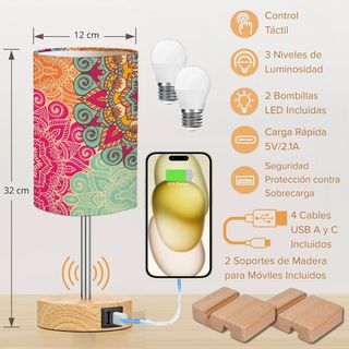Set 2 Lámparas Mesita Táctiles USB Madera