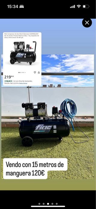 Compresor FIAC 50L 8 Bar 1Hp + Manguera 15m