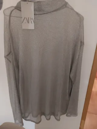 Top Zara plateado rejilla transparente cuello redo