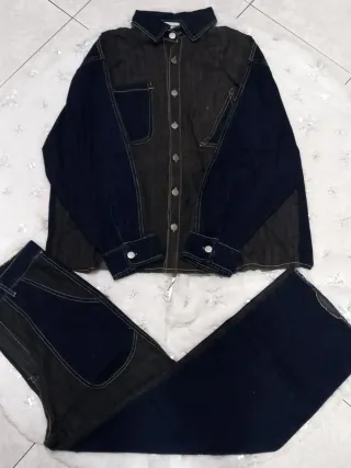 Completo giacca e pantaloni denim patchwork