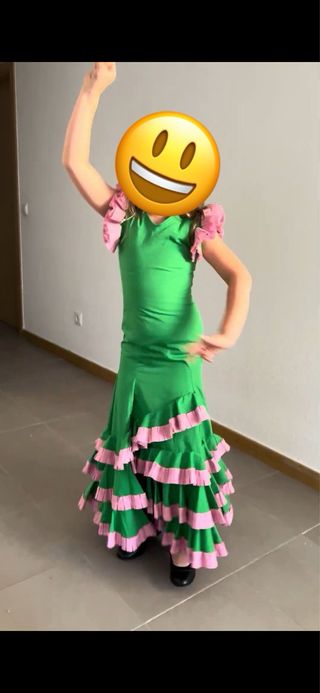 Traje Flamenca niña Verde y Rosa