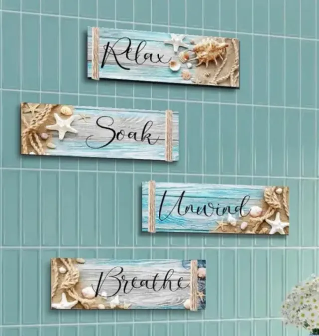 4 Letreros Decorativos Madera Relax, Soak, Unwind,
