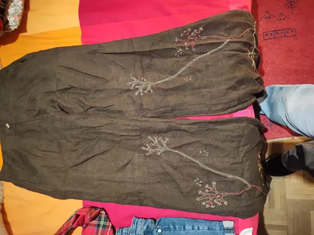 Pantalón Palazzo Lino Bordado Marrón