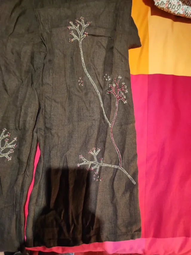 Pantalón Palazzo Lino Bordado Marrón