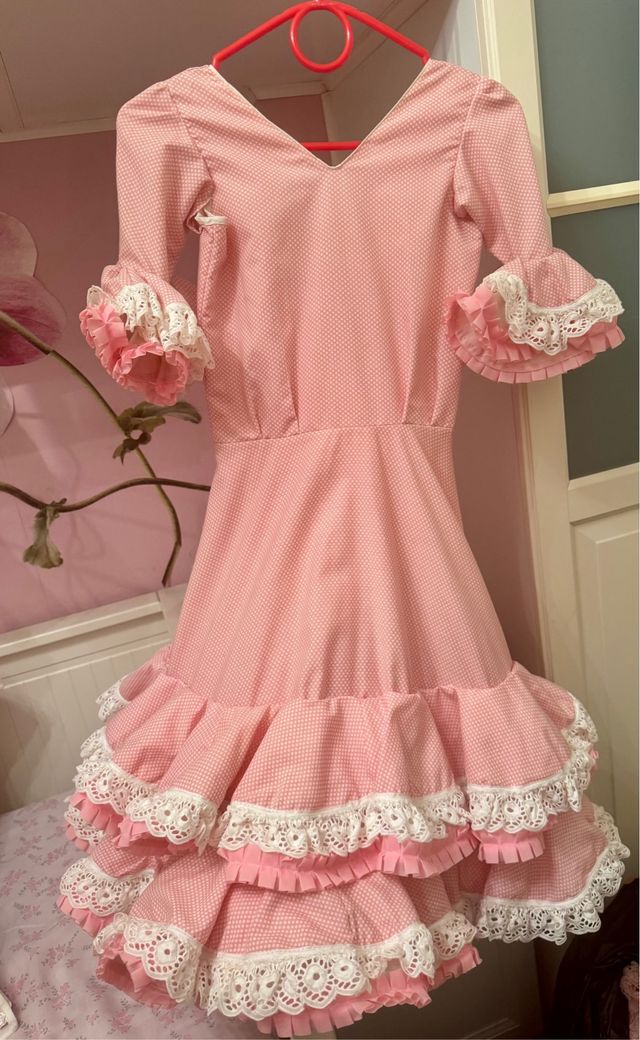 Vestido niña flamenca rosa y blanco talla 8