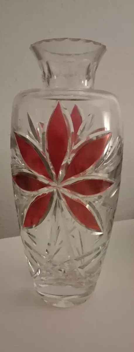 Florero Cristal Tallado Rojo y Transparente