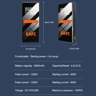 Arrancador Baterias EAFC2 + Compressor aire 1200A 12V 20.000mah, Arrancador de batería de coche 4 en 1, bomba de aire, iluminación del Banco de energía, compresor de aire portátil, arrancadores de...