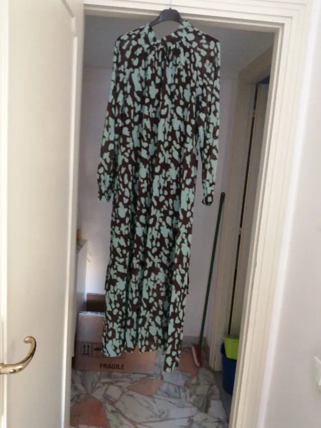 Vestito lungo fantasia marrone e verde acqua