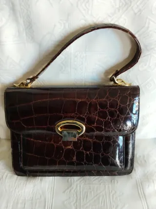 Bolso Piel Cocodrilo Vintage Marrón Dorado,