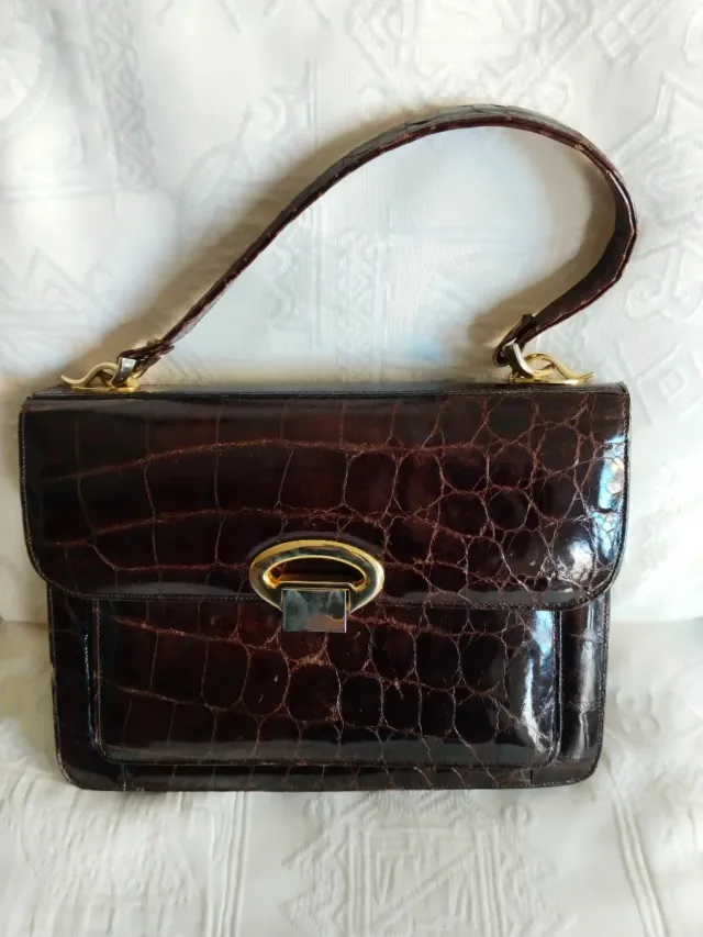 Bolso Piel Cocodrilo Vintage Marrón Dorado,