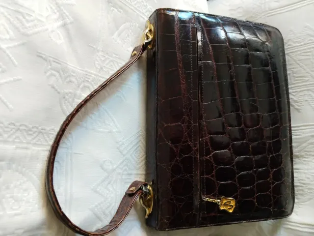 Bolso Piel Cocodrilo Vintage Marrón Dorado,