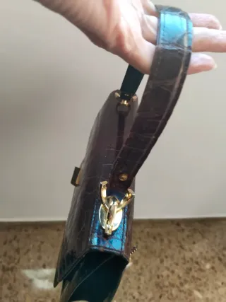 Bolso Piel Cocodrilo Vintage Marrón Dorado,