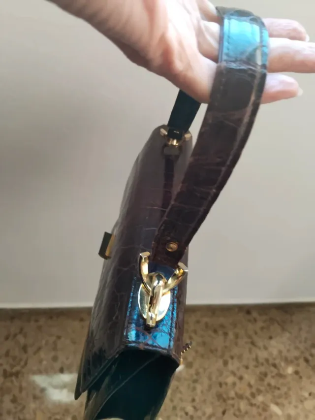 Bolso Piel Cocodrilo Vintage Marrón Dorado,