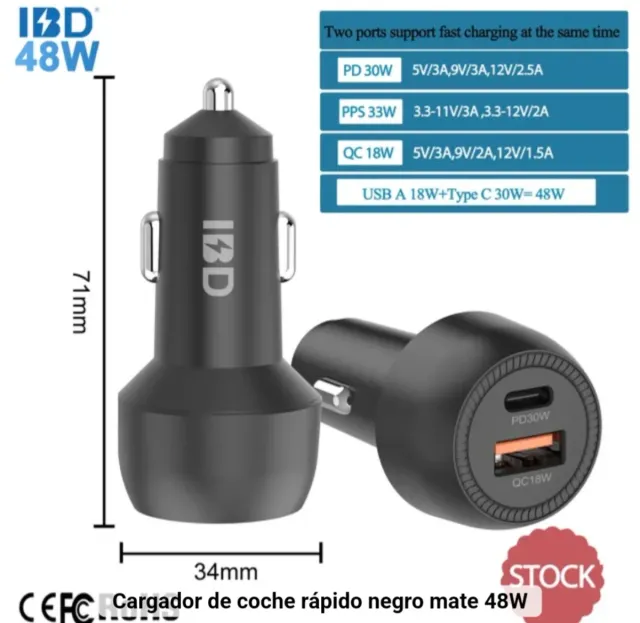 Cargador Coche IBD 48W Negro Mate