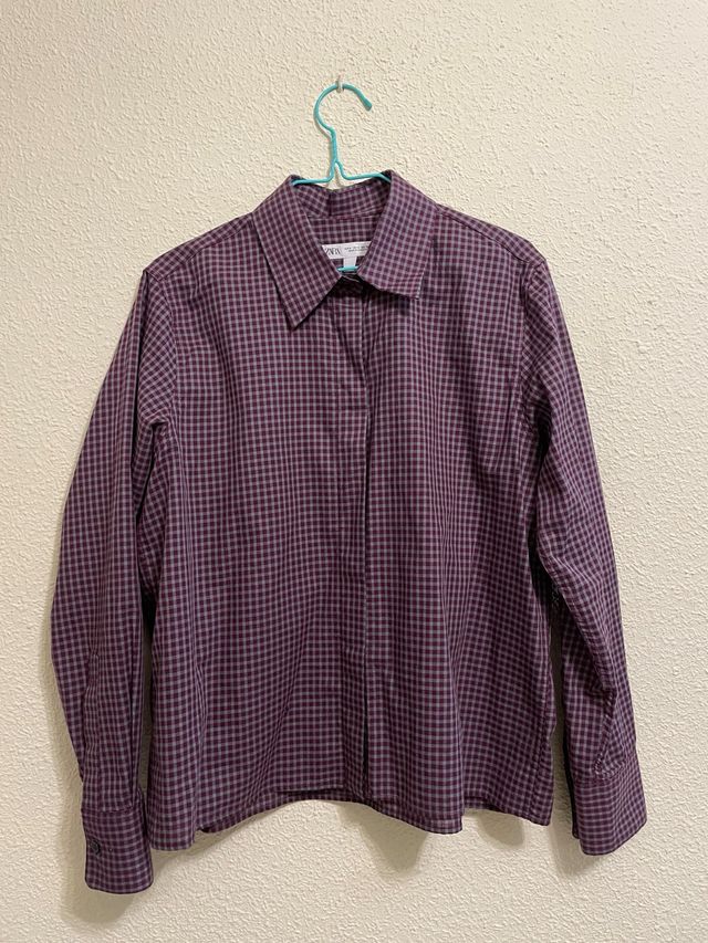 Camisa Zara cuadros berenjena y gris