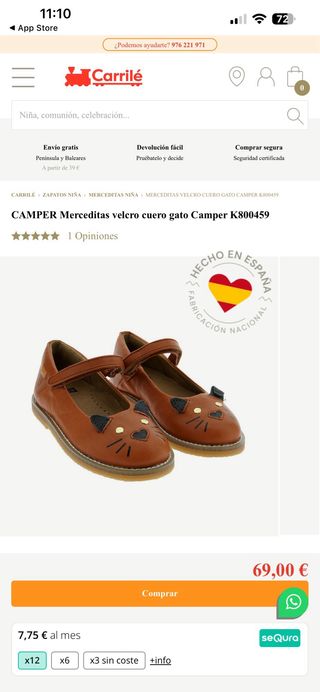 Camper Merceditas niña Marrón Talla 35 Gato