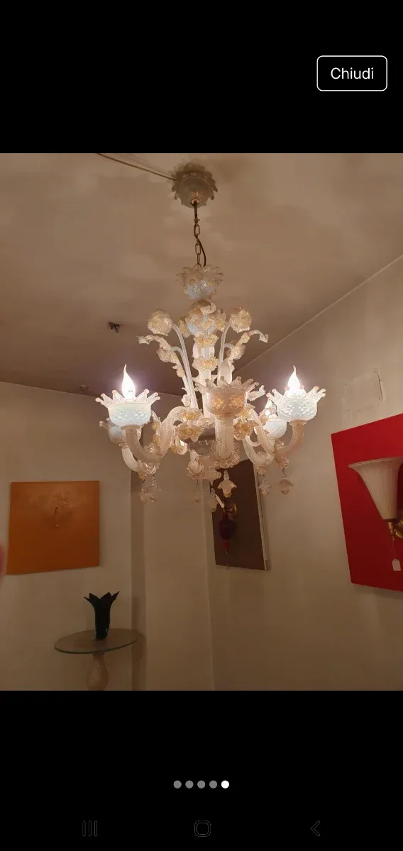 Lampadario Murano 6 luci opalino oro